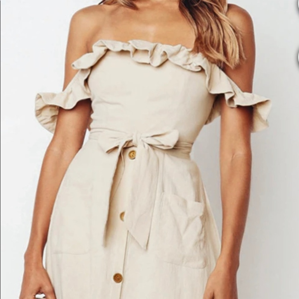 Off shoulder midi sun dress in cream/tan color